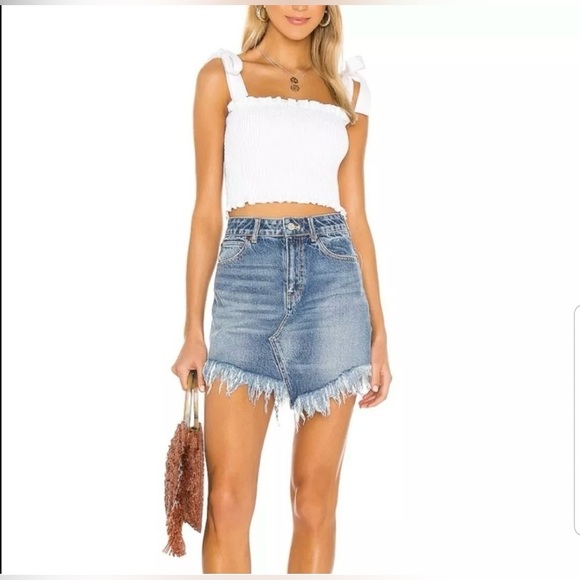 Free People Bailey Fray Hem Denim Mini Skirt indigo blue Cut, flattering Size 27 - Picture 1 of 14